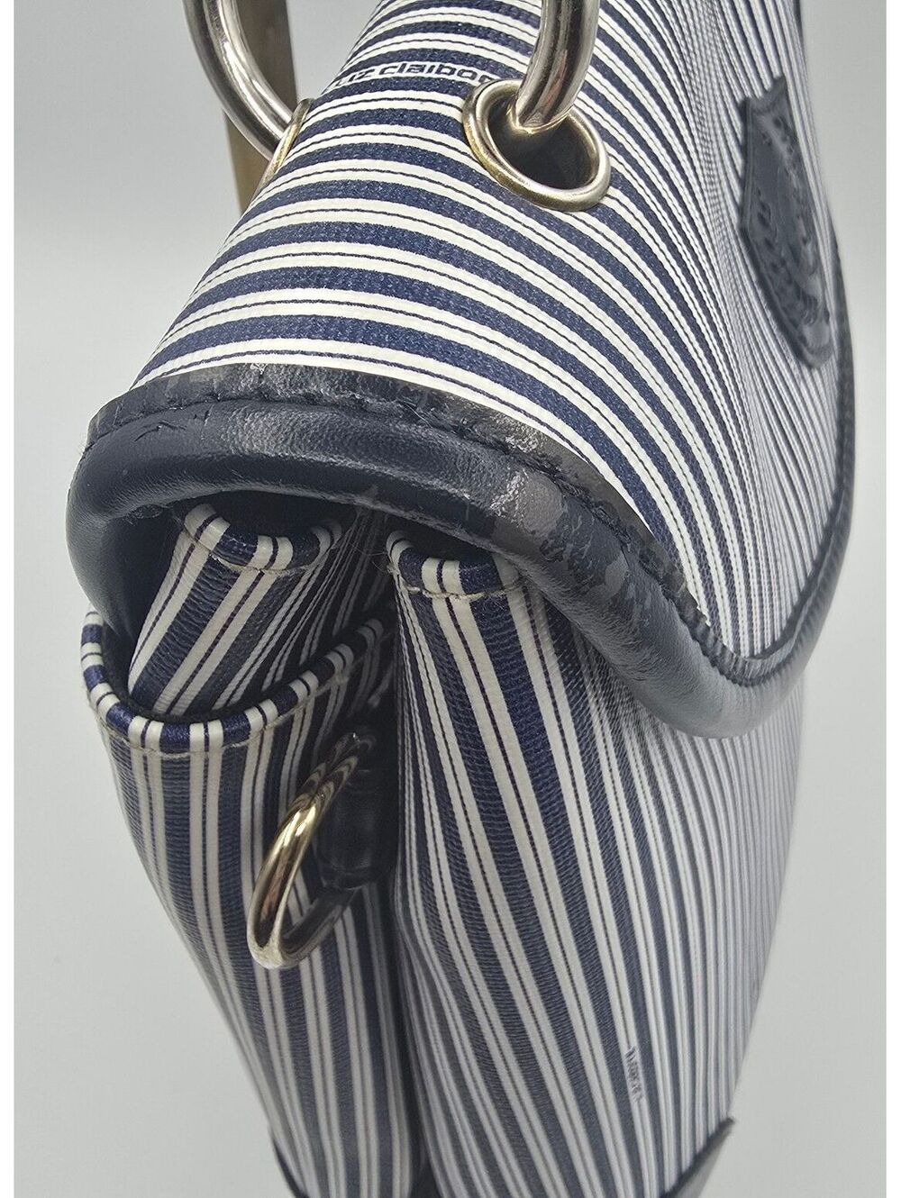 Vintage LIZ by Liz Claiborne Navy & White Striped Faux Leather Nautical Handbag - Picture 9 of 14